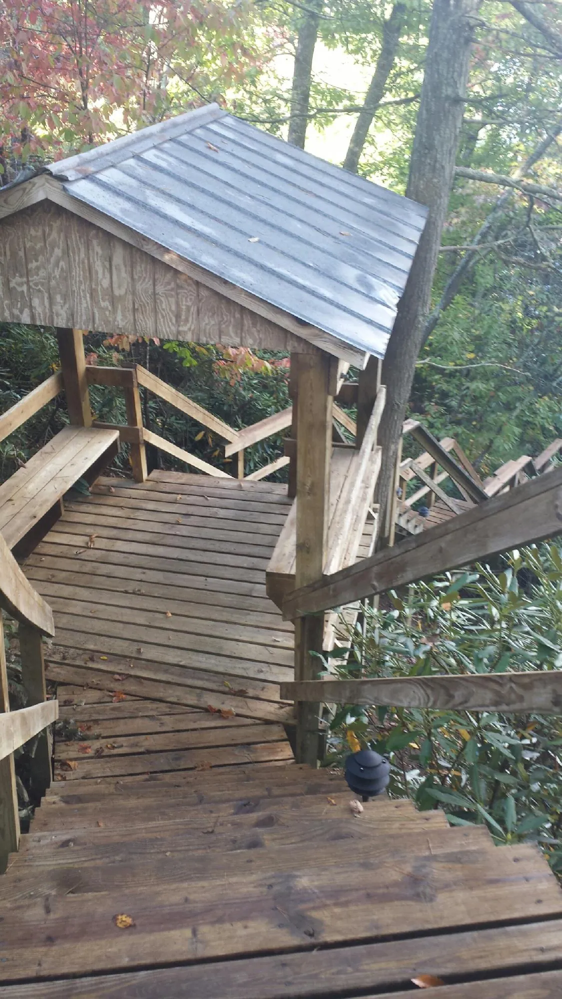 Metal roofed shelter over wooden steps on a wooded walkway — Skylight Repair & Installation work by our crew in Beverly Shores